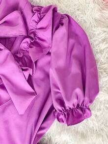 SHORT SLEEVE PUFFED DRESS TOP WITH RUFFLE AND BOW, WOMEN'S FASHION - Mauve Purple - View 6