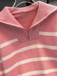 秋冬新款拉链女条纹针织毛衣，时尚简约套头衫，百搭 - 粉色 - 查看 4