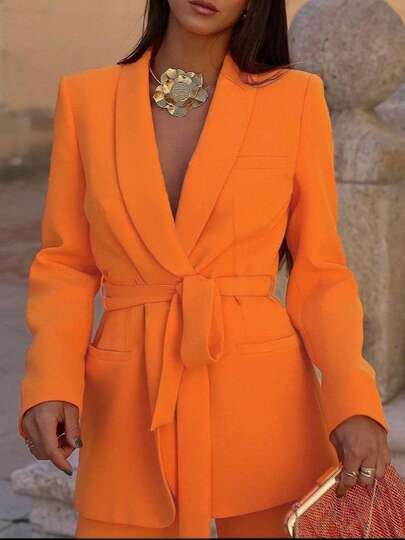 Autumn And Winter Fashion Elastic Waist Trousers + Belted Suit Jacket Women's Two Pieces Suit