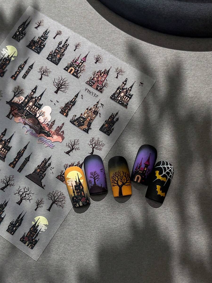 1 pieza Pegatina de arte de uñas en 3D de la serie de Halloween con Castillo Oscuro y Árbol Espeluznante, apta para salones de uñas y uso personal - Multicolor - Ver 1