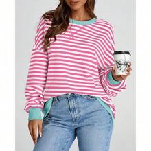 Womens Oversized Striped Sweatshirt Crewneck Long Sleeve Pullover Top Casual Y2K Spring Clothes 2026 Workout Shirt,Vacation Outfits Women,Valentine Outfits For Women,Street Photography - Pink White - 查看 6