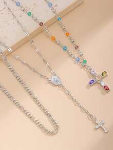 3 件套复古时尚水钻十字架吊坠项链，简约彩色水晶珠链项链，适合女士日常佩戴、旅行、派对 - 多色 - 查看 4