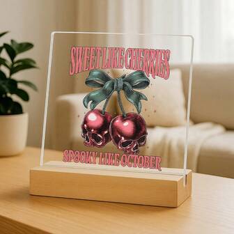 Placa decorativa y letreros "Dulce como las cerezas, espeluznante como octubre", Lazo espeluznante de cereza de Halloween para decoración de oficina, Diseño de calavera de cereza de Halloween PNG para decoración de pared de sala de estar, arte de pared de dormitorio y decoración de baño, ideal para decoración de Halloween y otoño