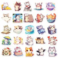 50pcs Cute Cat Stickers, Suitable For Laptop, Water Bottle, Luggage, Helmet, Motorcycle, White Color, No Power Required, Great For Gifts, Rewards, Office Supplies, Labels, Seals, Matte Finish - Multicolor - View 3