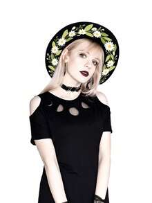 BREITER 1 件女式 Y2K 复古哥特式女巫帽,黑色印花涤纶毡帽,带有精致五角星和蕾丝花边,适合万圣节、圣诞节、化妆舞会、节日礼物 - 平簷禮帽 - 查看 6