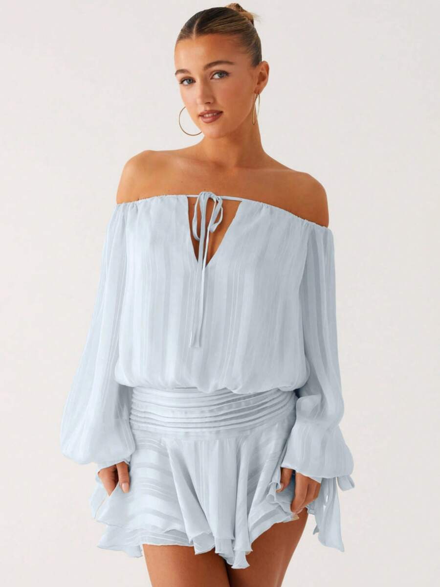 Womens 2025 Off Shoulder Flowy Mini Dress Smocked Long Sleeve Tie-Up Front Casual Elegant Corset Short Dresses - 藍色 - 查看 1