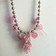 1 件粉色熊吊坠项链，不锈钢串珠链项链配心形吊坠，时尚嘻哈配饰，适合酷女孩 - 淺粉色 - 查看 2