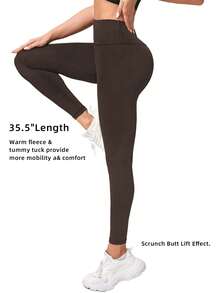 One-Piece Fleece Yoga Autumn And Winter Yoga Pants High Waist Abdominal Fold Warm Sports Leggings Women's Side Pocket Trousers, Women's Sports Yoga Pants, Warm And Easy To Move, Suitable For Holiday Travel - 咖啡棕 - 查看 4