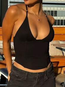 Women Y2k Halter Tops Deep V Neck Zip Back Corset Tops Sleeveless Backless Spaghtti Strap Crop Tank Tops Camisole Tops Slim Fitted Shirt Summer Going Out Tops Club Streetwear Aesthetic Clothes - 黑色 - 查看 8
