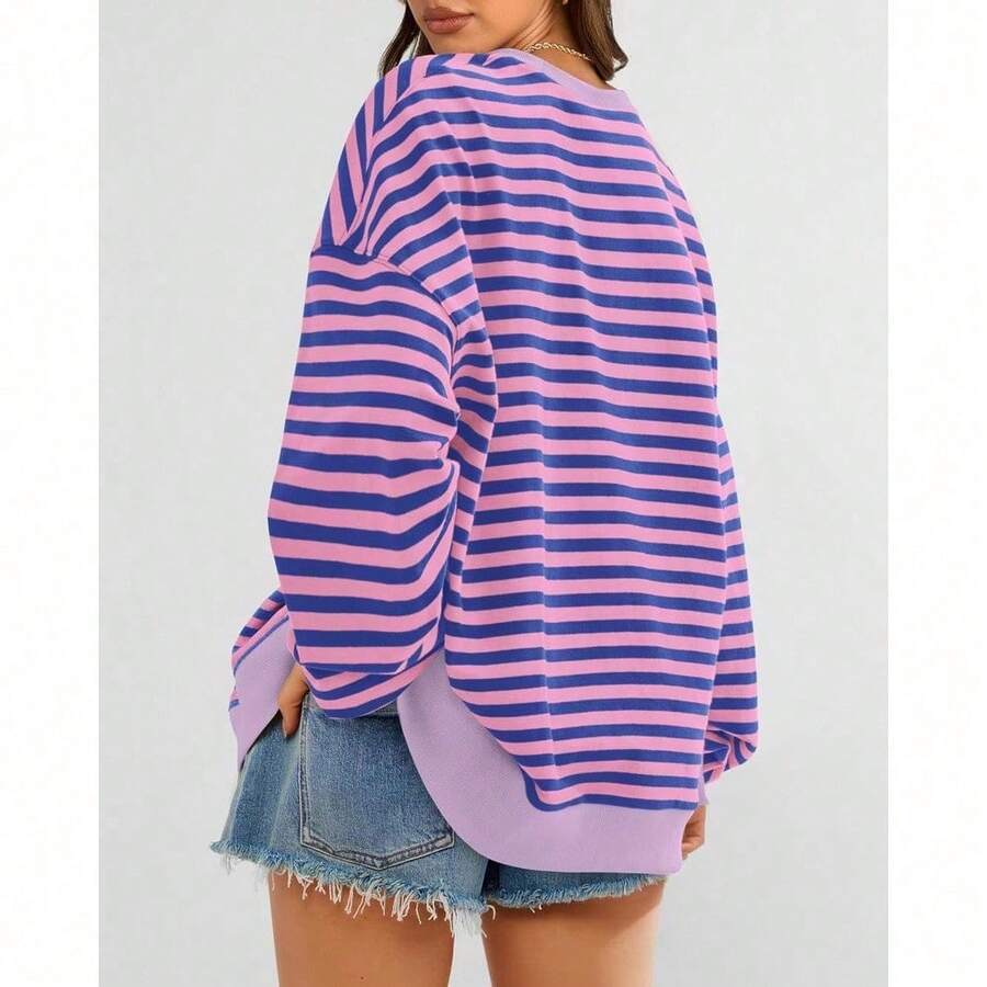 Womens Oversized Striped Sweatshirt Crewneck Long Sleeve Pullover Top Casual Y2K Spring Clothes 2026 Workout Shirt,Vacation Outfits Women,Valentine Outfits For Women,Street Photography - 藍色粉紅色 - 查看 1