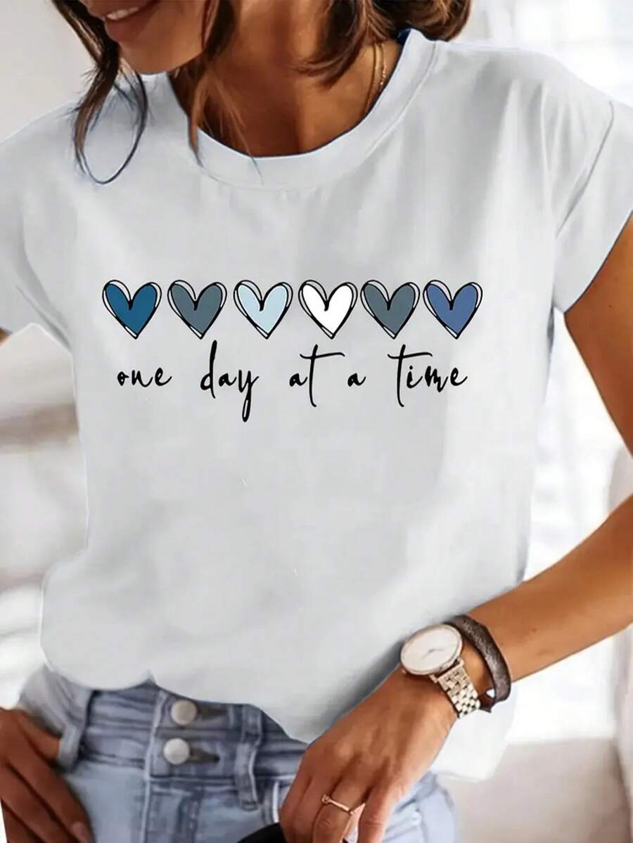 100% Cotton Women'S Casual Graphic T-Shirt - "It'S One Day At A Time" Heart Print, Short Sleeve Round Neck Top For Spring & Summer, Red With Blue Hearts Design, Everyday Tshirt , Playful Lettering Shirt - White - View 1
