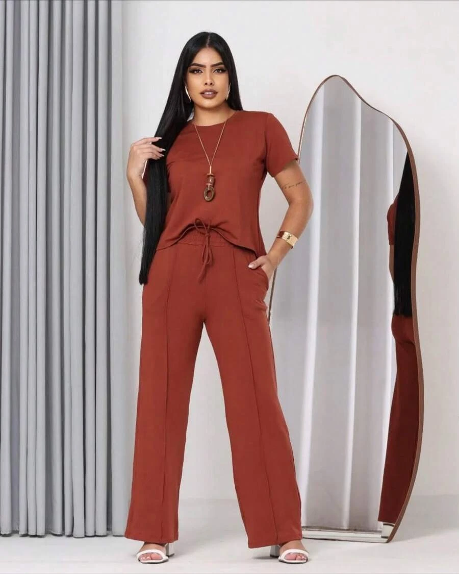 Women's Set Of Wide Leg Pants And Comfortable Sweatshirt Top Summer - ngói - Xem 1