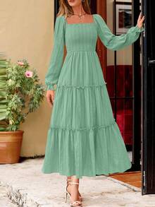 PRETTYGARDEN Women Elegant  Maxi Dresses For Fall Boho Long Sleeve Smocked A Line Ruffle  Wedding Guest Holiday Party Long Dress With Pockets New Years Valentine Vacation Spring Dresses For Women Vestidos Elegantes De Mujer - 灰綠色 - 查看 5