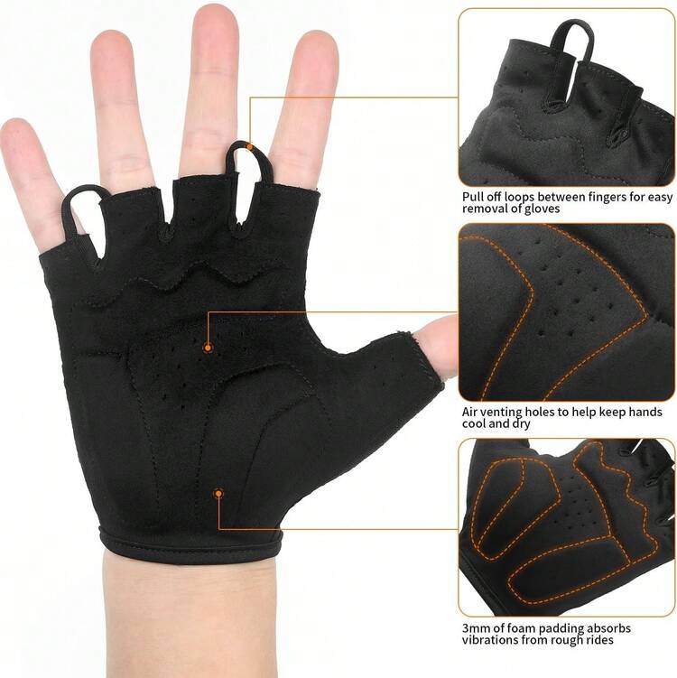 Guantes de ciclismo Eco-Daily para hombres y mujeres, guantes acolchados para bicicleta de montaña, guantes ligeros de medio dedo, antideslizantes que absorben los golpes para MTB Road Biking Fitness - Negro, negro - Añade 3