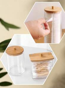 3 件透明卸妆圆形软垫容器，分配器清洁棉签盒带竹盖化妆，圆形垫，化妆品收纳盒浴室配件返校 - 彩色 - 查看 6