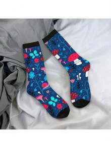 Cute Mushrooms, Flowers, Butterflies And Snails Socks Women Men, Calf Knee High Socks For Athletic Running Cycling - 黑色 - 查看 6
