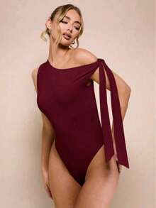 Women's Bodysuit With Tie Bow And Asymmetrical Neckline, Sleeveless, Ideal For Romantic Dates, Casual, Vacation And Summer - 酒紅色 - 查看 1