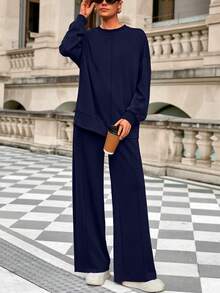 Women Fall 2 Piece Sweatsuit Set  Drawstring Wide Leg Jogger Sweatpants Loose Matching Lounge Sets Sport Airport Tracksuit Outfits - Màu xanh hải quân - Xem 5