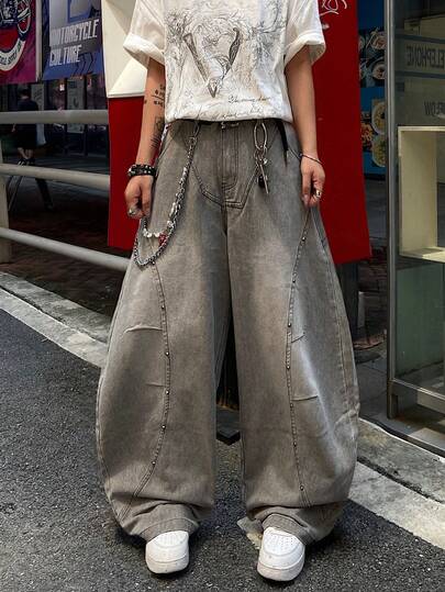 Infinite Jeans 1pc Japanese Style Beaded Patchwork Plus Size Curved Leg Loose Comfortable Versatile Denim Jeans Long Pants (Product Does Not Include Belt And Accessories)