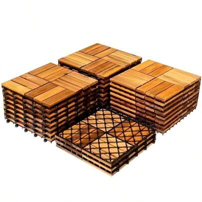 10/20/30 PCS Solid Acacia Wood Interlocking Patio Deck Tiles - 12" X 12" Acacia Wood Plank Flooring Tiles, Grid Pattern, Brown, 12 Stripes (Not Cypress, Not Plastic) - Suitable For Patios, Balconies, Gardens, Backyards, Poolside, Indoor And Outdoor All-Weather Flooring