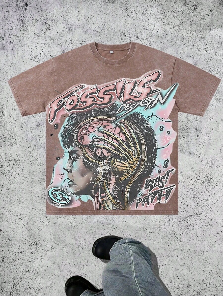 Cartoon  Printed Washed Cotton T-Shirt, Made Of 100% Cotton High-Quality Fabric, Fine Needle Carding, Relaxed And Comfortable, Suitable For Both Men And Women, Suitable For Young Street Hipsters. - 咖啡棕 - 查看 1