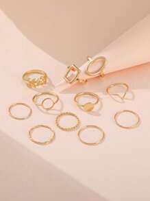 11pcs/Set Minimalist Personalized Geometric Chain Leaf Design Women Rings Set - Yellow Gold - View 3