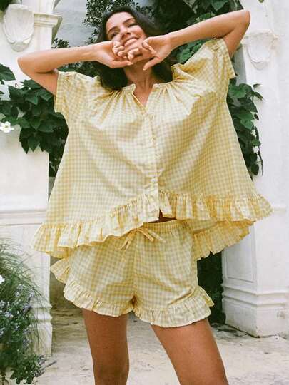 Womens 2 Pieces Plaid Shorts Set Summer Casual Short Sleeve Ruffled Button Shirt Top Drawstring Waist Shorts Sets Daily Streetwear
