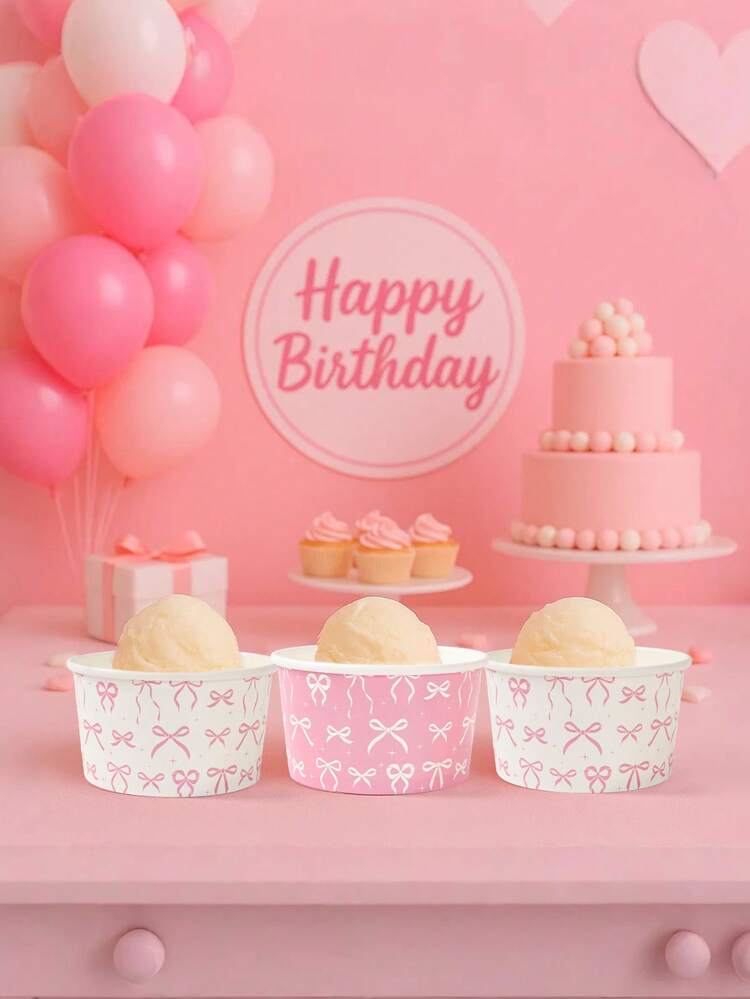 10pcs 8oz White Disposable Paper Bowls, Ice Cream Cups, Popcorn Boxes, Food Containers With Bow Print, Suitable For Home Kitchen, Restaurant Takeout, Picnic, Party, Kitchen Supplies, Food Packaging, White Background With Bow Print, Birthday Party Tableware, Food Delivery And Daily Use, Food Trays, Disposable Dinnerware - White Background With Full Bow - View 9
