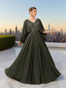 DELLA COUTURE Women's V-Neck Army Green Evening Gowns Exquisite Floating Fashion Ladies Elegant And Noble Slim Gorgeous Floor-Length Gowns Style Dress Suitable For Parties,Prom, Weddings And Other Formal Occasions Prom Guest Dress , Long Cocktail Dresses - Army Green - View 4