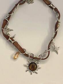 复古皮革棕色宝石太阳吊坠串珠颈链锁骨链项链女士独特 Y2K 个性化垃圾摇滚珠宝 - 彩色 - 查看 10
