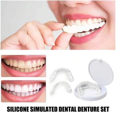 Silicone Denture Set - Temporary Teeth, False Teeth, Natural Dentures, Dental Prosthetics, Dental Veneers, Upper & Lower Denture Set, Easy To Use, Dental Care