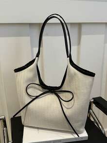 Portable Women's Bow Handbag, Suitable For University, Business, Work, Commuting, High School, Office, Elementary School, Middle School, High School, Workplace, Sports Venue, Workout, Large Capacity Shoulder Bag - Beige - View 10