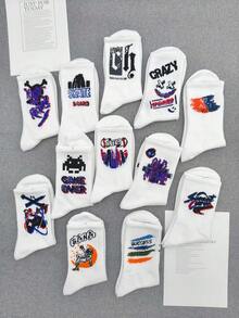 1/5/10 Pairs Random Men's Crew Socks With Graffiti, Letter, Machinery, Skateboard, Street, School, Basketball Designs, Long High Waist Sports Socks, All Season