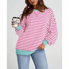 Womens Oversized Striped Sweatshirt Crewneck Long Sleeve Pullover Top Casual Y2K Spring Clothes 2026 Workout Shirt,Vacation Outfits Women,Valentine Outfits For Women,Street Photography - Pink White - 查看 1