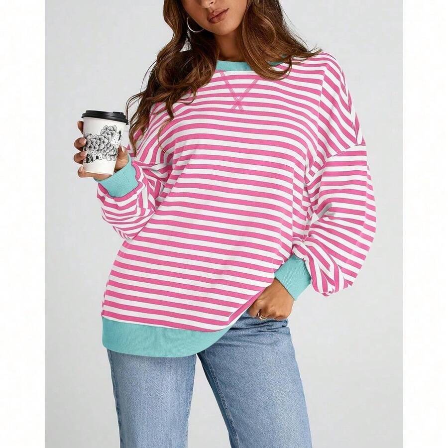 Womens Oversized Striped Sweatshirt Crewneck Long Sleeve Pullover Top Casual Y2K Spring Clothes 2026 Workout Shirt,Vacation Outfits Women,Valentine Outfits For Women,Street Photography - Pink White - 查看 1