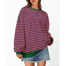 Womens Oversized Striped Sweatshirt Crewneck Long Sleeve Pullover Top Casual Y2K Spring Clothes 2026 Workout Shirt,Vacation Outfits Women,Valentine Outfits For Women,Street Photography - 皇家藍橙色 - 查看 3