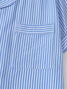 2 件大码女式舒适蓝白条纹印花短袖 Polo 领上衣和蝴蝶结短裤睡衣套装，夏季家居服 - 藍白色 - 查看 5