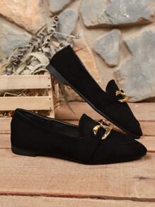 Women's Gold Chain Decor Plus Size Pointed Toe Slip-On Flats, 2025 Spring/Autumn New Fashionable Minimalist Versatile Casual Comfortable Commuting Shoes, Black Work Shoes Suitable For Outdoor, Park, Walking