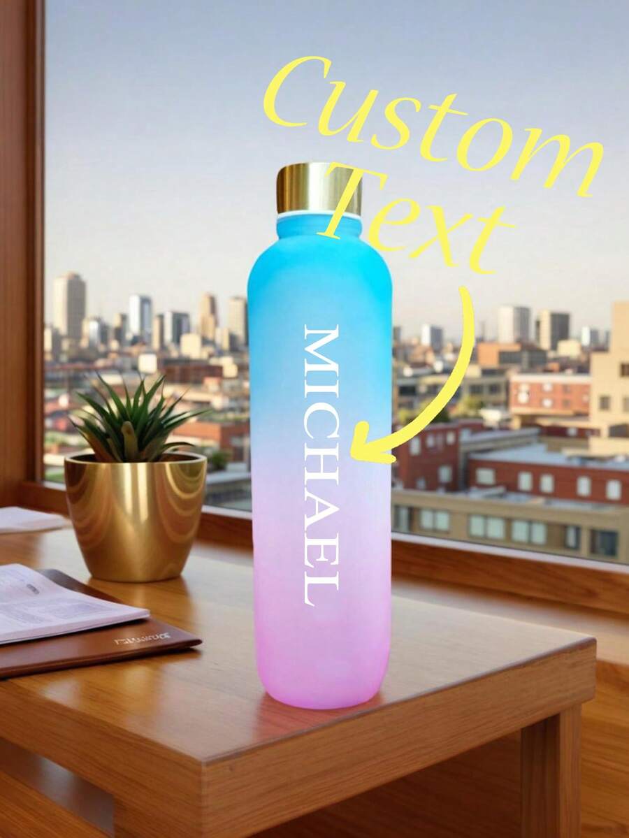 1pc Customized Water Bottle With Text/Name, Fashionable 1000ml Stainless Steel Tumbler, PC White With Time Scale, Outdoor Travel Mug, Birthday, Holiday Gift,Chic Design - Blue Purple - View 1