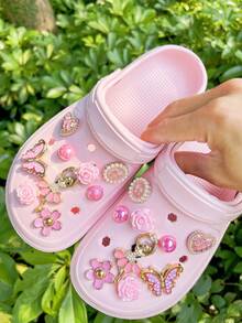 18pcs Pink Ballet Angel, Rose, Heart, Flower, Pearl Round Bow, Glitter Butterfly Detachable Decorative Accessories, Suitable For Sandals, Slippers, Clogs, Garden Shoes, Beach Shoes, All Season, Great Gift