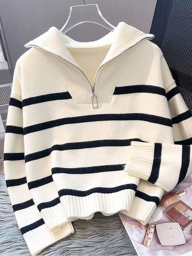 Nova Camisola de Gola Redonda Listrada Combinável para Outono/Inverno Feminina, Design de Suéter Simples e da Moda, Blusas de Manga Longa Casuais Brancas - Branco - Visão 5