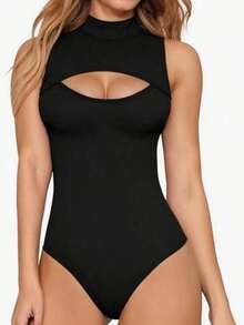 Women's Bodysuit With High Neck And Cutouts, Ideal For Summer Use - Black - View 1