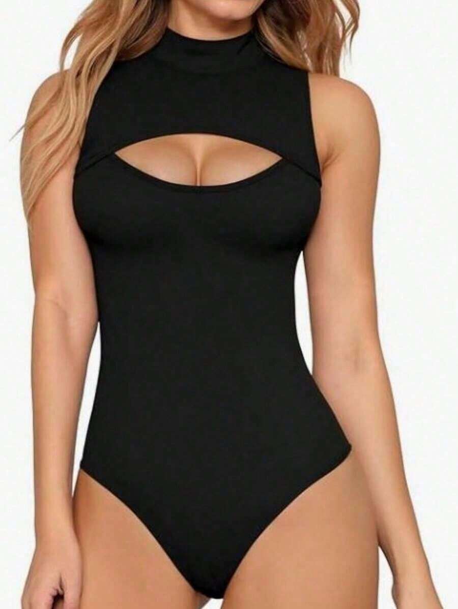 Women's Bodysuit With High Neck And Cutouts, Ideal For Summer Use - Black - View 1