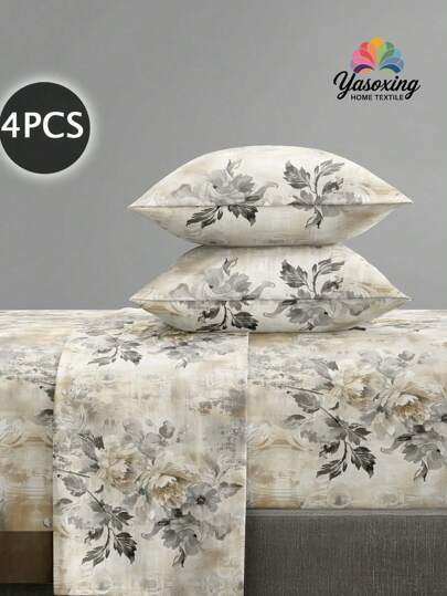 4Pcs Khaki Garden Flower Pattern Sheet Set Bedding Set, 1pc Fitted Sheet & 1pc Flat Sheet& 2pcs Pillowcase Bedding Mattress Protector Set (Not Including Pillow Core)Luxury Fitted Sheet Set King Queen Full TWIN SIZE Sheet Deep Pocket Up To 11.8 Inch Pillowcase, Soft Breathable Wrinkle-Free Better For Sleep, Luxury Hotel Style, Gift For Mom Dad Friend Farmhouse Bedding Sets