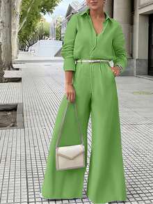 秋冬优雅两件套，薰衣草色开衫衬衫 + 阔腿裤，带口袋和松紧腰带，休闲简约商务通勤装，适合女性、教师