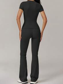 Yefecy Set trening pentru femei, cu guler rotund, 2/4 bucăți, tricou sport confortabil și pantaloni skinny pentru antrenament de yoga și sală, echipament sportiv de vară pentru femei, treninguri pentru femei, ținută Downtown Girl, stilul Four Seasons