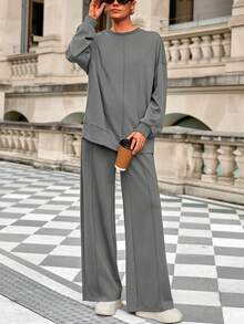 Women Fall 2 Piece Sweatsuit Set  Drawstring Wide Leg Jogger Sweatpants Loose Matching Lounge Sets Sport Airport Tracksuit Outfits - Gray - View 5