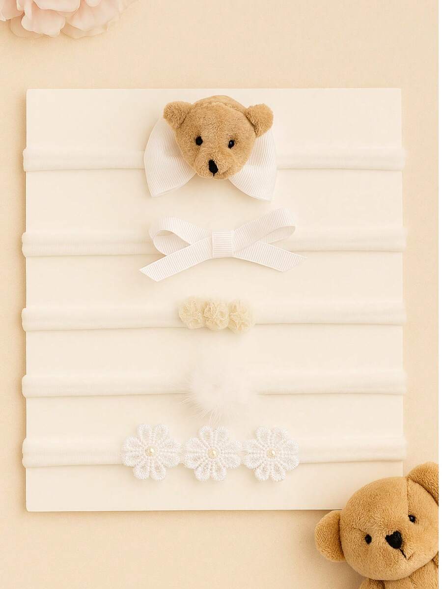 5 Pieces Bear Hairband Kit In Silk Stocking For Baby - trắng - Xem 1