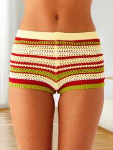 Women's Sexy Party Track Shorts Short Rainbow Stripe Fabric Medium Stretch Rib-Knit - 黃色 - 查看 4