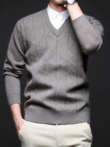 男士厚款V领提花毛衣，休闲商务通勤长袖套头衫，适合分层穿着或外套，秋冬 - 淺灰色 - 查看 4